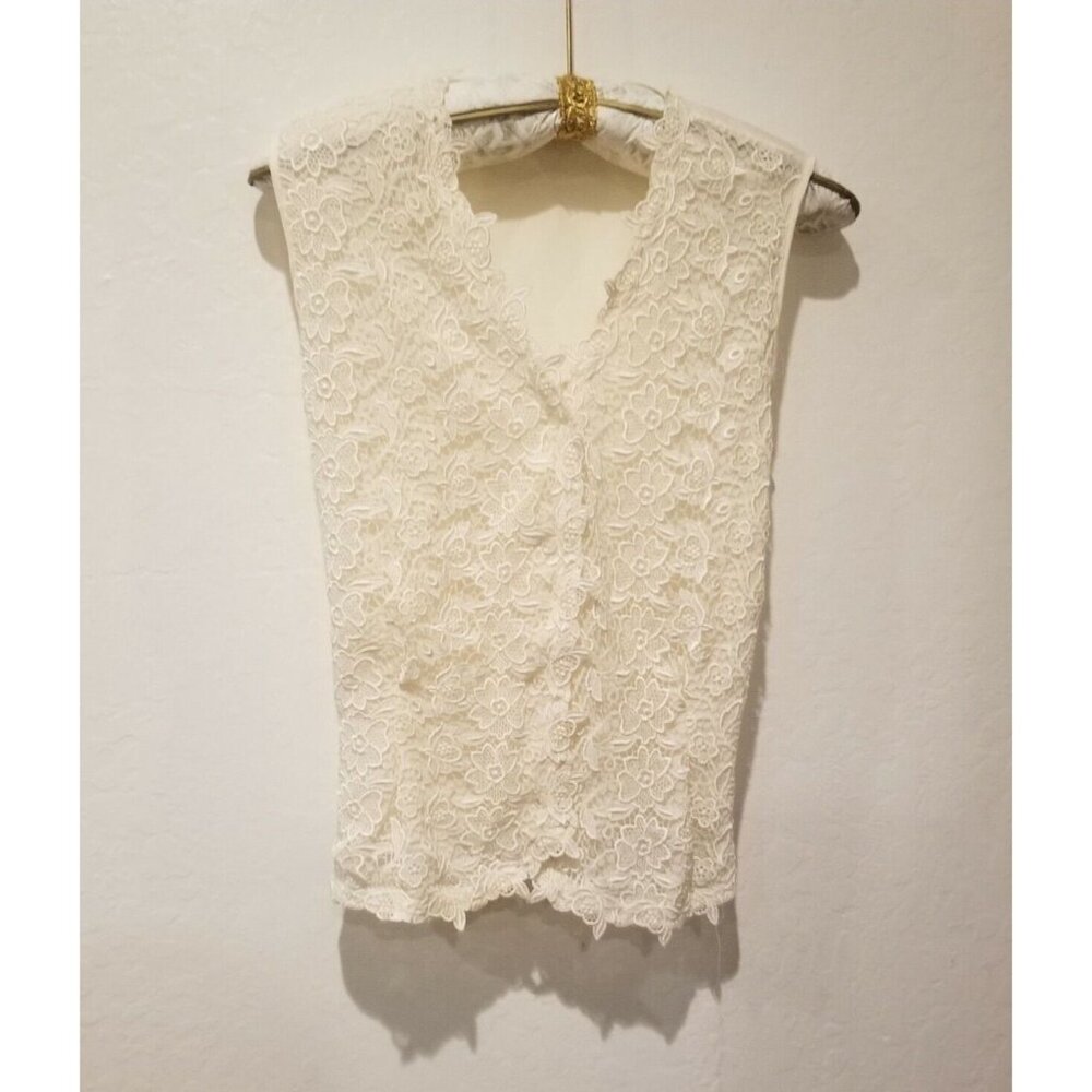 San Andre Women's V-Neck Floral Embroidered Lace Vest Size 16 Ivory Tie-Back